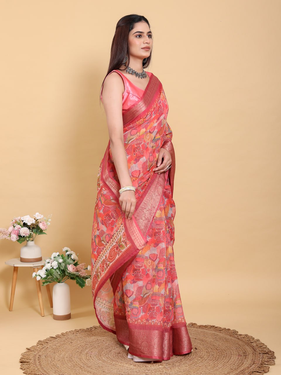 Bold Red Linen Cotton Saree | Folk Art & Geometric Jacquard Print ✨